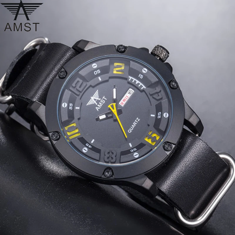 

AMST Fashion Casual Watch for Men Leather Waterproof Metal Buckle Luminous Hands Male Clock Hour New Arrival 2017 DATE WEEK