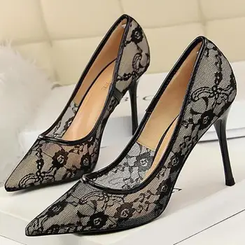 

Dwayne 2019 Sexy Sweet Breathable Women's Shoes Stiletto High Heel Shallow Mouth Pointed Mesh Openwork Lace Single Shoes