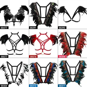 

Feather Body Harness Blouse Women Feather Bra Hollow Feather Collar Punk Gothic Carnival Dance Festival