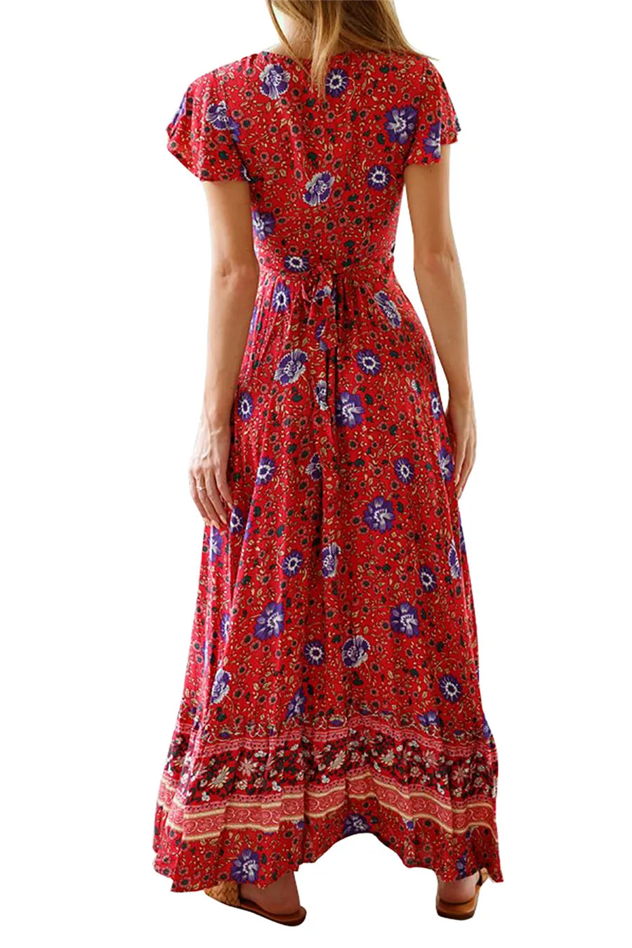 Gladiolus Bohemian Women Summer Dress Short Sleeve V Neck Floral Print Belt Tunic Split Sexy Beach Dresses Women 2019 Maxi Dress (39)