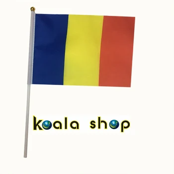 

Free shipping 14 * 21cm hand wave flags 100pcs / lot Romania flag with plastic flagpole Polyester Printing banner