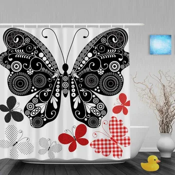 

Black White Butterflies Bathroom Shower Curtains Red White Lattice Designed Shower Curtain Waterproof Ployster Fabric With Hooks