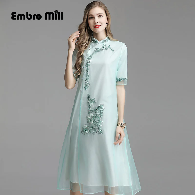 summer vintage Organza embroidery big flower dress elegant loose lady ...