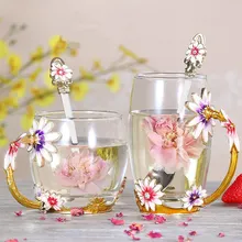 Эмалированная цветная чашка для воды Однослойная термостойкая свечи в стеклянной чашке подарок кофейная чашка Цветочная стеклянная чашка Подарочная ложка