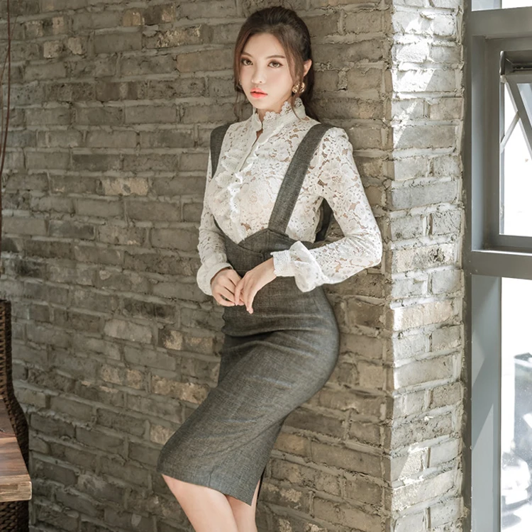Корейский стиль, Осенний Женский комплект из 2 предметов, платье,, Модная белая открытая Кружевная блуза+ серый жилет, комплект с юбкой в обтяжку