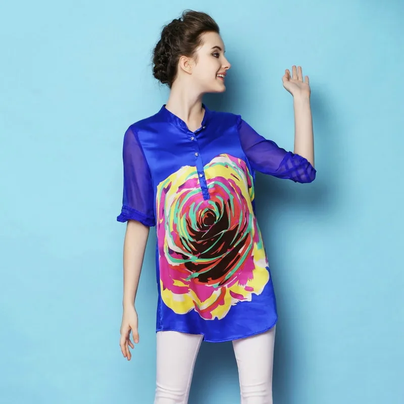 Été Chemise Filles 2018 Douce Blouses Pour Grands Chemises Manches Imprimé Moitié Chantiers De Mode Ladys Soie rouge Bleu Printemps q10rxX0wt