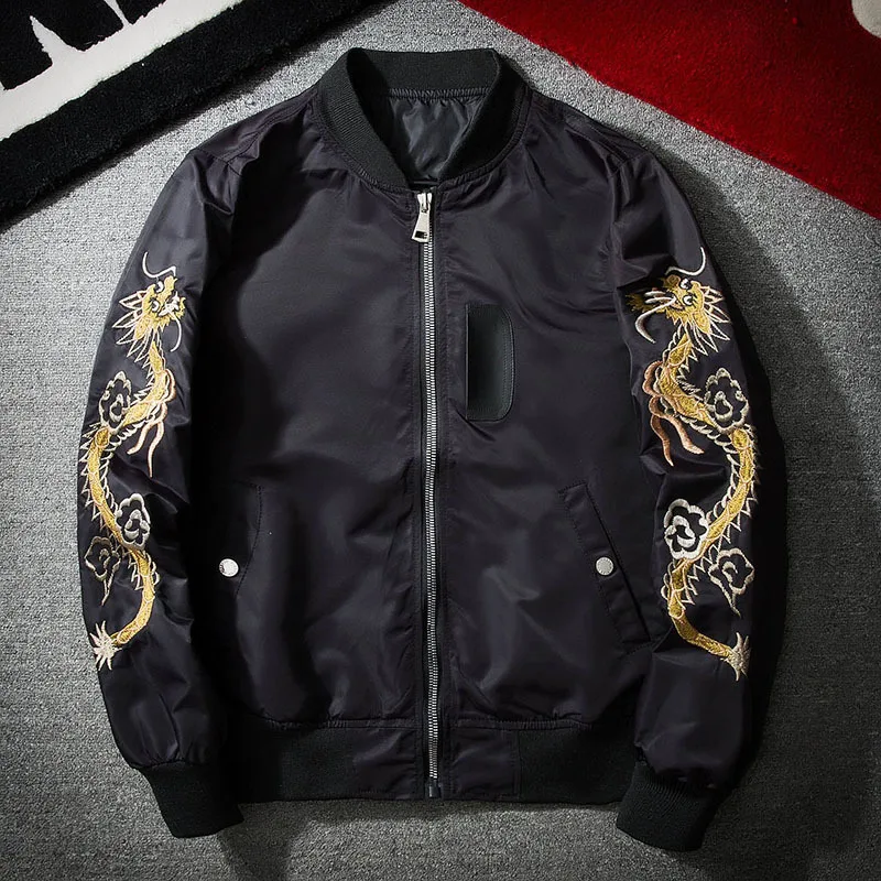 GSPBG 2017 Fashion Spring Autumn Men Jacket Streetwear Dragon Eagle Embroidery Japan Black Bomber Jacket MA1 Flight Aviator Coat