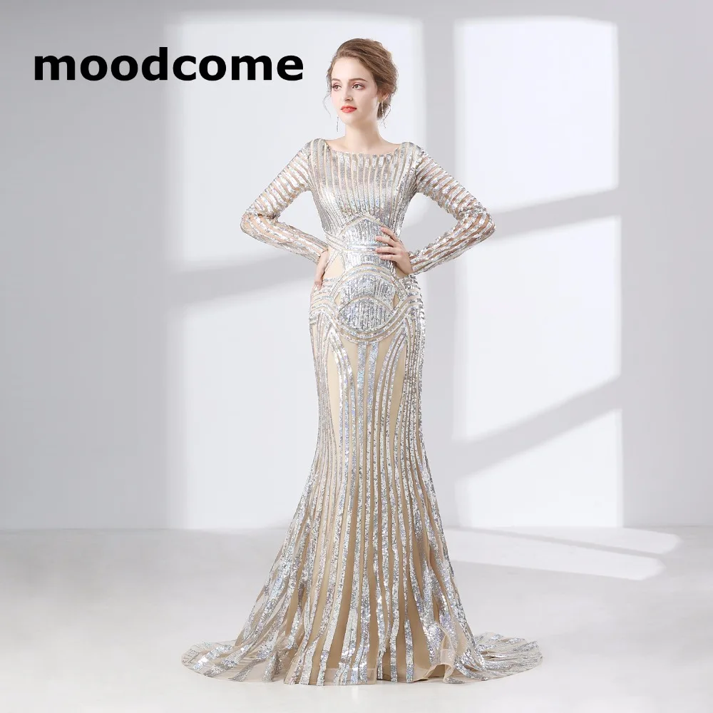 2018 Illusion Sexy Evening Dresses Long Sleeve Sequins O Neck Mermaid Sweep Train Form Prom Gowns | Свадьбы и торжества