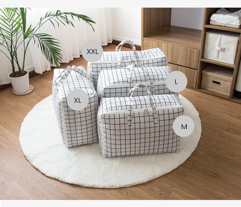 Nordic Style Grid Print Portable Closet Organizer Cotton Line Storage Bag For Quilt Coat Clothing Wardrobe Organizer With Handle