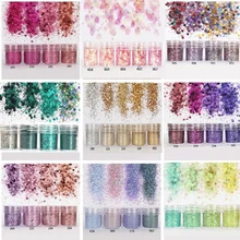 4 шт./компл.(4 вида цветов/комплект) X10ML mix nail art Блеск порошок, 0,2 мм 1 мм 2 мм блеск 3D нейл-арта украшения плоской задней стороной для украшения ногтей, 45