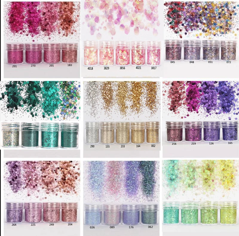 

4pcs/set(4color /set) X10ML mix Nail Art Glitter Powder,0.2mm 1mm 2mm glitter 3D Nail Art Decoration For nail art decoration,45