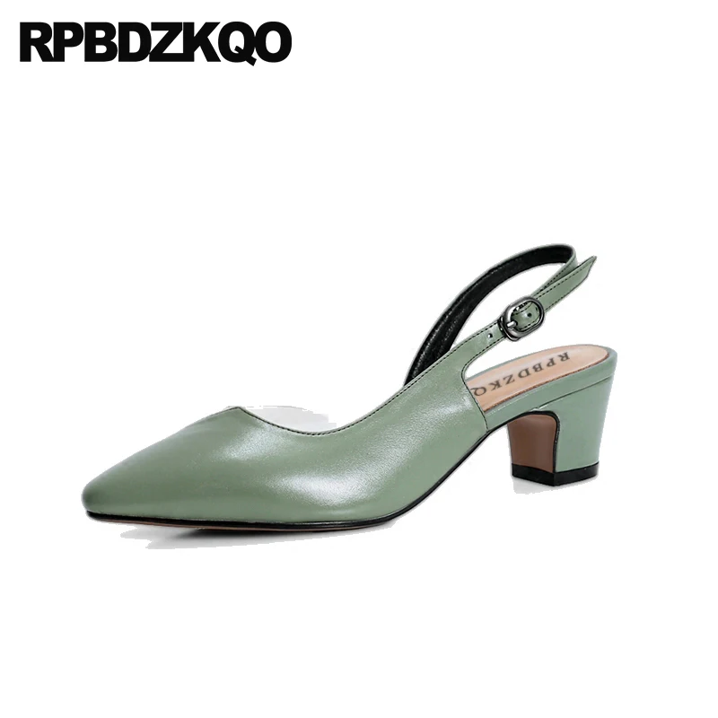 

2019 Big Size Genuine Leather High Heels Slingback Green 33 Block Shoes For Women Pointed Toe Strap Sandals Luxury Chunky Pumps
