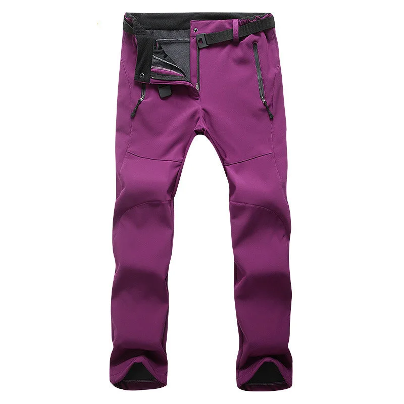Зимние женские уличные Походные штаны, флисовые теплые спортивные штаны, водонепроницаемые флисовые штаны для альпинизма, кемпинга, катания на лыжах, рыбалки - Цвет: purple red