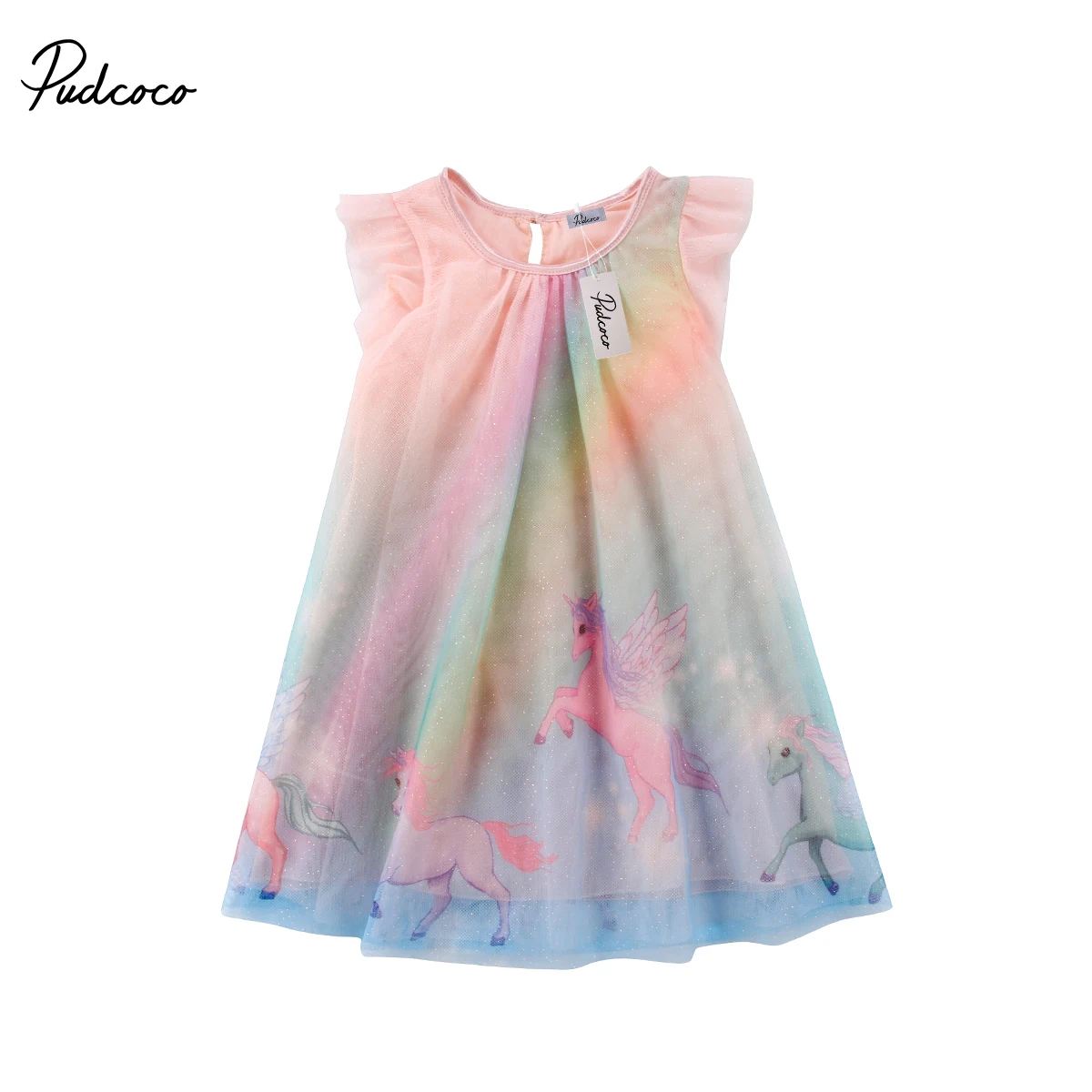 Единорог Радуга Сетчатое платье для девочек новое летнее платье без рукавов Тюлевая пачка для вечеринки праздничное торжественное платье Открытое платье без рукавов, детская одежда