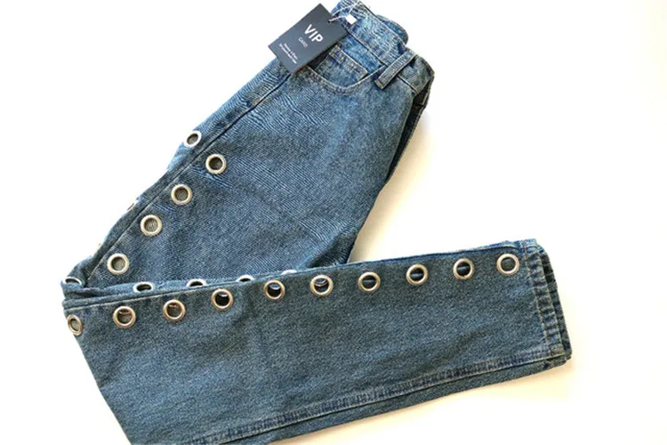 Women's Street 2018 New Europe and America BF Wind High Waist Loose Pants Rivets Openwork Metallic Eyes Jeans (9)