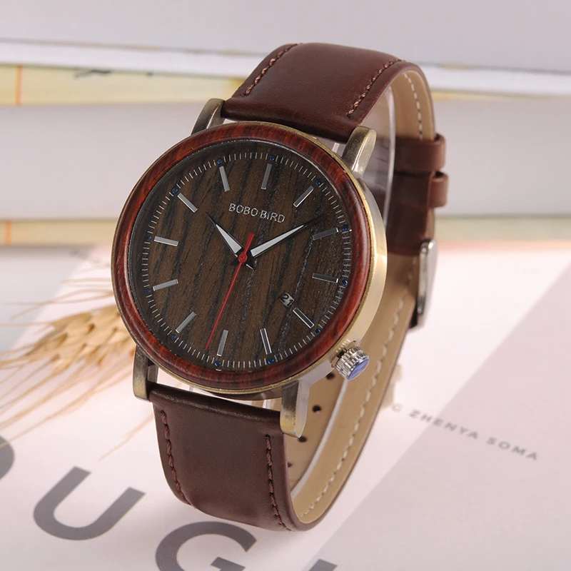 BOBO BIRD Date Display Men Watch Antique Steel Case Wooden Bezel Dress Watch with Soft Leather in Wood Gift Box