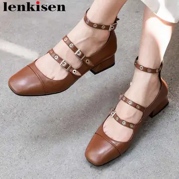 

Lenkisen Mary Janes cow leather low heels square toe women pumps buckle strap European British style dating party shoes L2f1