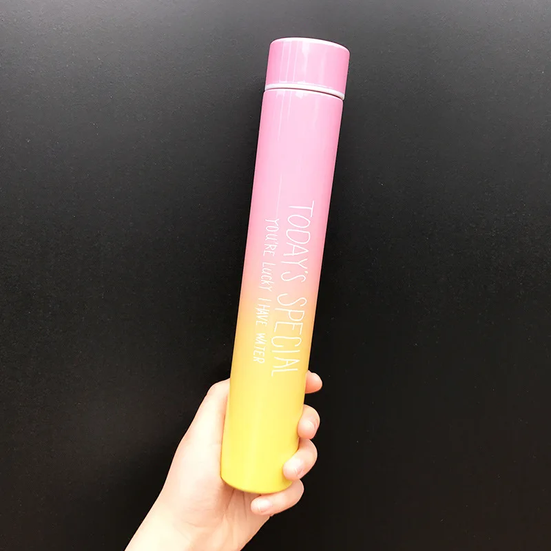 280 мл креативные цветные длинные бутылки для воды из нержавеющей стали для девушек и женщин, портативные бутылки для питьевой воды с защитой на открытом воздухе - Цвет: pink-yellow