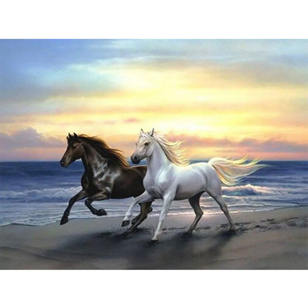 

38*30cm 3D Diamond Painting Cross Stitch 2 Horses Beach Run Mosaic Pasted Embroidery Resin Crystal DIY Home Decor Dropshipping F
