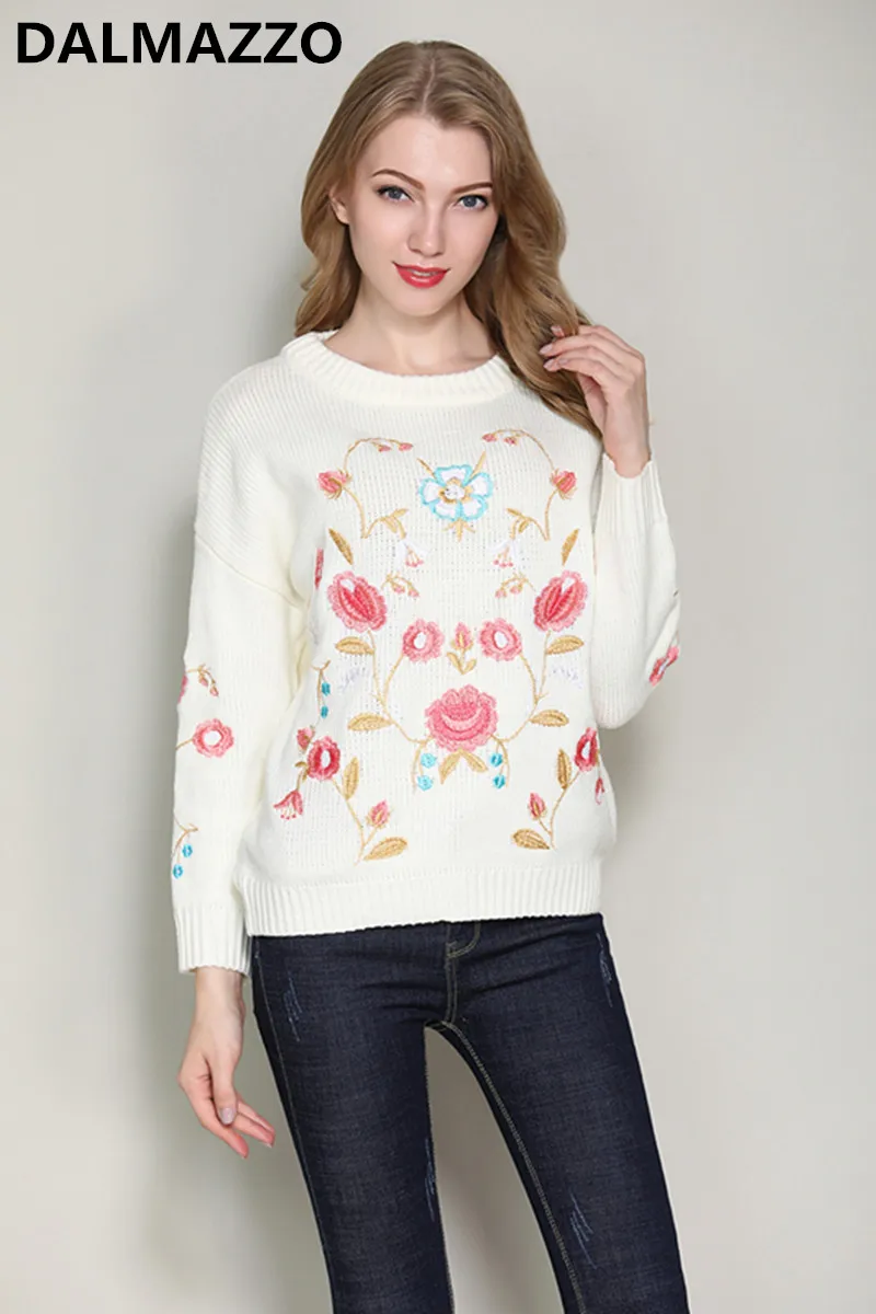 

Women Thicken Warm Embroidered Flowers Knitwear Sweater Womans Fashion Long Sleeve Pullovers Loose Knitting Sweaters Tops Femme