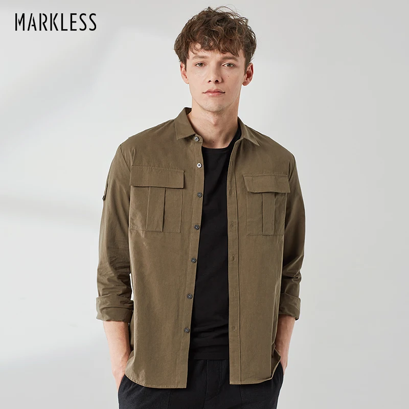 

Markless 100% Cotton Men Shirt 2019 Spring Solid Color Loose Shirts Multi-pocket Working Shirts Men camisa masculina CSA9525M