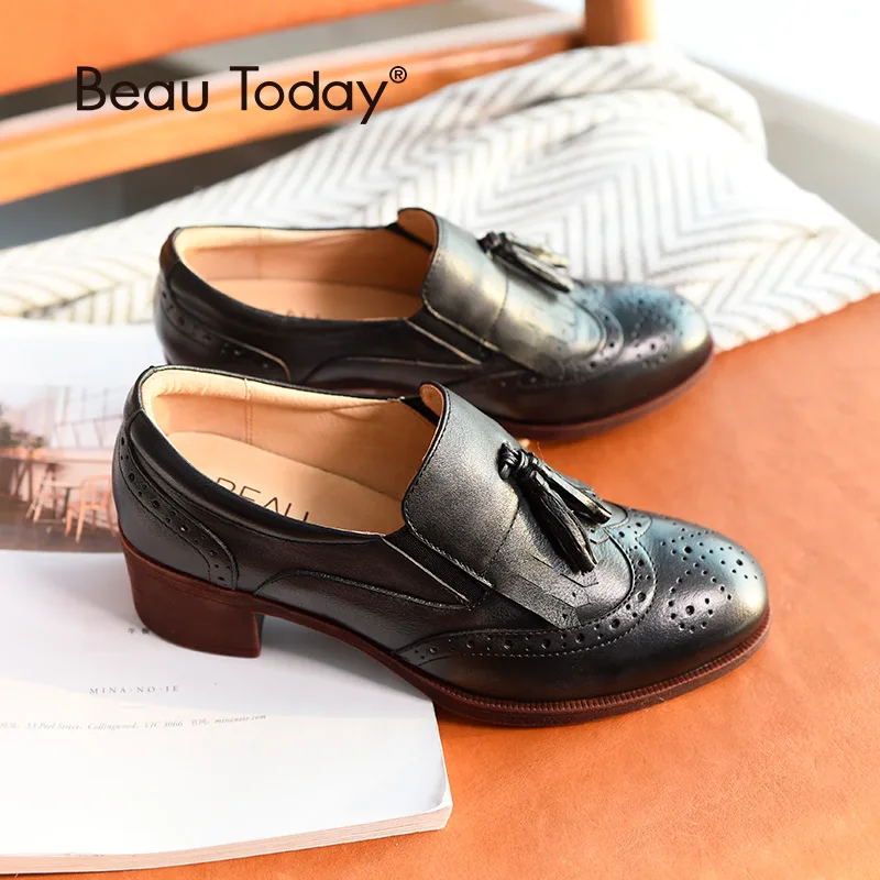 Туфли BeauToday женские из натуральной коровьей кожи лоферы броги бахрома круглый