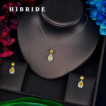 

HIBRIDE New Design Simple Water Drop Pendant Small Jewerly Set Luxury Design Link Chain Earring Necklace Set Wholesale N-672