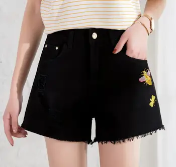 

Black Irregular Hole Burst Denim Shorts Women's Large Size Shorts
