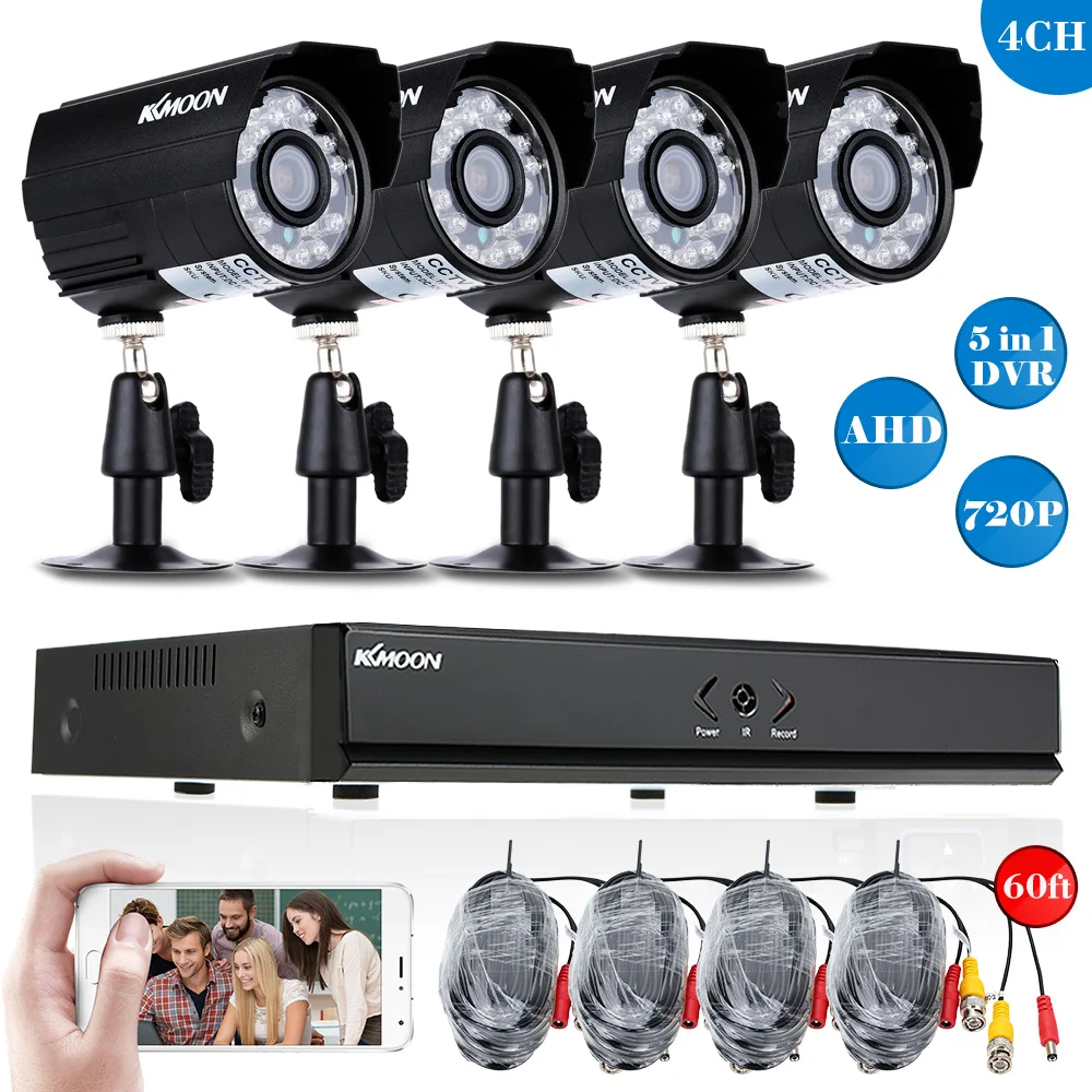 Камера видеонаблюдения KKMOON AHD 1080N/720P 4 канала DVR 1500TVL 4*720P водонепроницаемая ИК