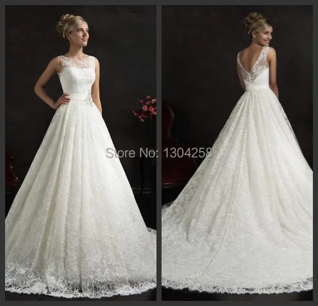 2015 Tank Style Wedding Dresses Empire Waist White Lace Chapel Train Full Botton Back Bridal Gowns Free Shipping | Свадьбы и