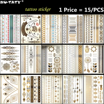 

Nu-TATY 15PCS/lot Gold totem Temporary 3D Makeup Tattoos Henna Tatuagem Body Art Flash Tatto Sticker Swimsuit Makeup Tool
