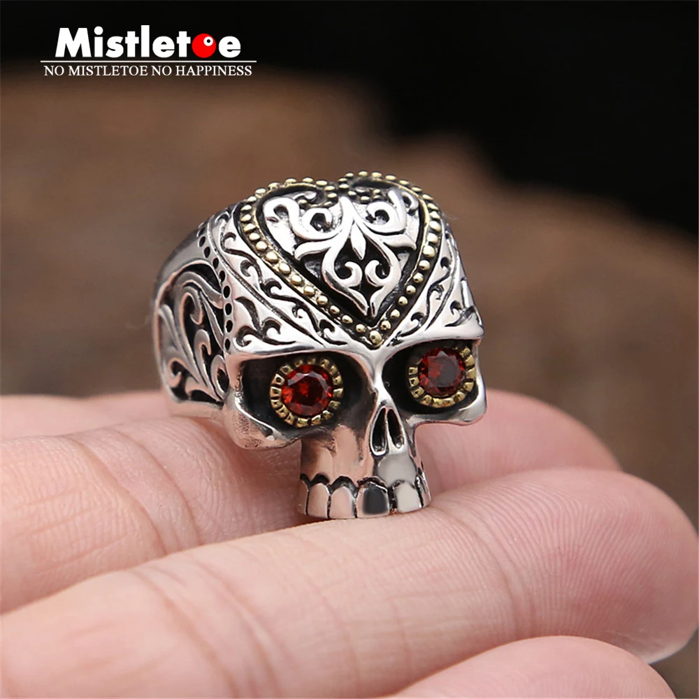 

Genuine 100% 925 Sterling Silver Vintage Punk Locomotive Lucky Skull Red CZ Ring For Women Men Fashion Jewelry