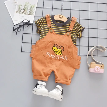 

2019 Summer Baby Girls Striped Short Sleeve T-shirt + Cartoon Overalls Pant Casual Kids 2Pcs Suits Infant Boys Clothing Sets