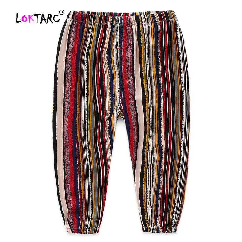 Color Stripe LOKTARC штаны для мальчиков и девочек дети эластичный пояс Тонкий плед противомоскитные штаны полосатый Свободные шаровары унисекс для девочек брюки Pantsalone - Цвет: Color Stripe