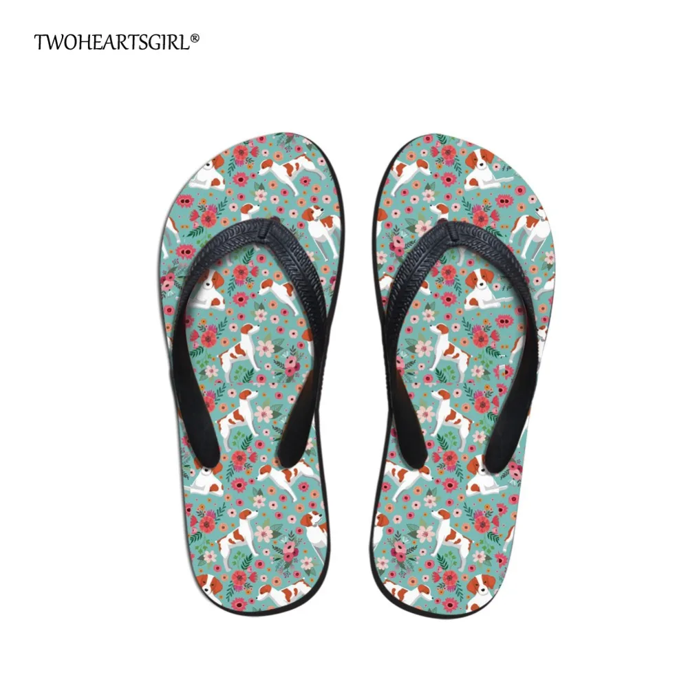 

Twoheartsgirl Flower Brittany Dog Summer Bear Flip Flops Cute Ladies Home Flat Slippers Personalized Women's Rubber Flipflops