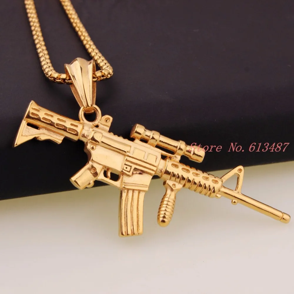 Newst Design Punk Gothic Gold Tone Sniper Rifle Shape Men s Jewelry Stainless Steel Pendant Necklace