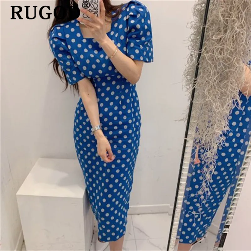 

RUGOD Korean chic Dot printed summer dress women Elegant puff sleeve back split long dress lady Fashion hight waist party dress