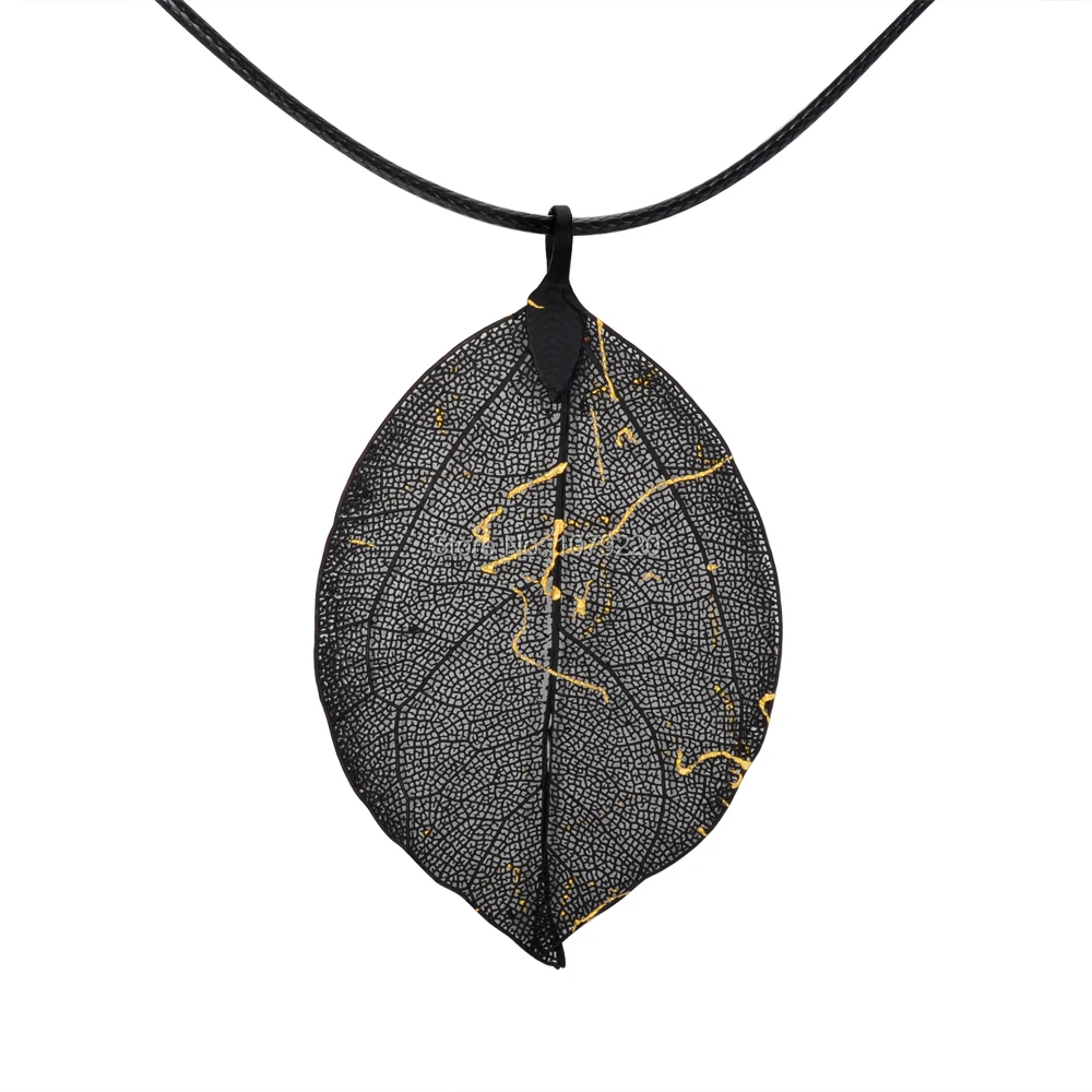 

Natural Black Leaf Leaves Pendants Necklace Plated Gold Jewelry Long Necklace Women Chain Party Wedding Birthday Christmas Gift