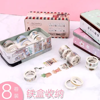 

8rolls/set Sakura Washi Paper Tape Set Iron Boxed Stickers Scrapbooking Freshness Decorative Tape Bullet Journal Supplies
