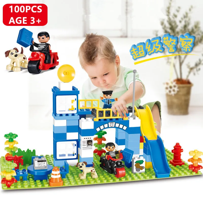 100Pcs Large Particles Building Blocks Sets City Police Station Super Police Compatible LegoINGl Duplo Bricks Toys for Children