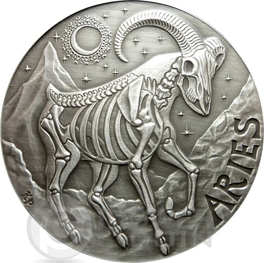 ARIES Memento Mori Zodiac Skull Horoscope Silver Coin (2)