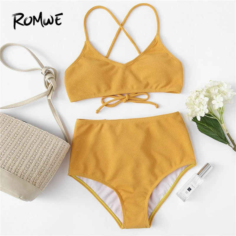 Romwe الرياضة الأصفر الضلع حك الأعلى مع عالية الخصر القيعان مجموعة البكيني النساء الصيف الشاطئ مثير أحمر الدانتيل يصل كريسس الصليب ملابس السبا...