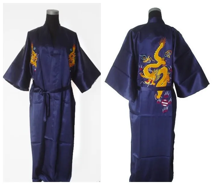 Лидер продаж красный китайский Мужской Шелковый Атласный халат Вышивка Дракон кимоно банное платье Размеры M L XL XXL 3XL S0103-1 - Цвет: navy blue