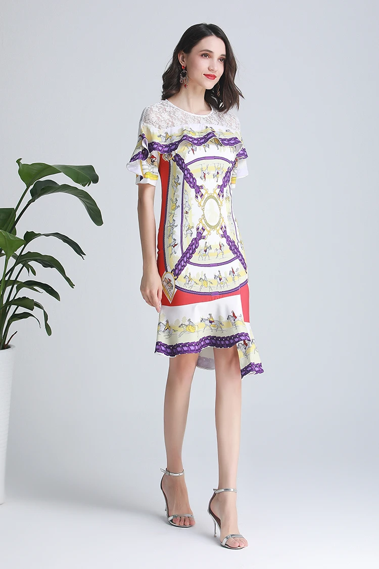AELESEEN Роскошные Bodycon платье 2019 элегантный Для женщин мода лето вышивка кружевное платье оборками нерегулярные Сеть платье с принтом