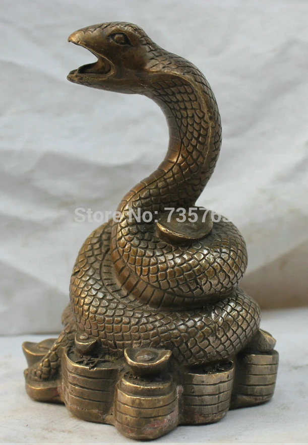 

001313 6'' Chinese Folk Culture Faith Pure Copper Bronze Statue Auspicious Snake Money