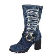 Kaeve Blue Denim Mid-Calf Chunky Heels Pumps Cowboy Women's Boot Round Toe Shoes High Heels Jean Martin Boots Free Shipping Kaeve Blue Denim Mid-Calf Chunky Heels Pumps Cowboy Women's Boot Round Toe Shoes High Heels Jean Martin Boots Free Shipping