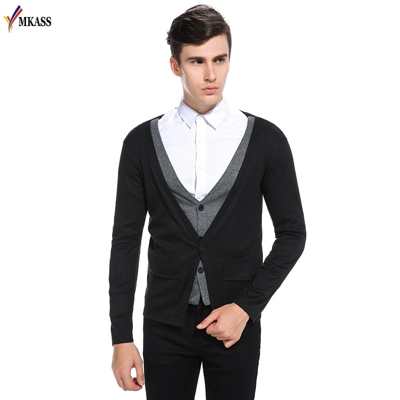 2017 Spring Autumn New Fashion Mens Cardigan Sweaters Casual Coat Thin Knitwear Coat Business Men Fake two pieces Sweaters 2XL