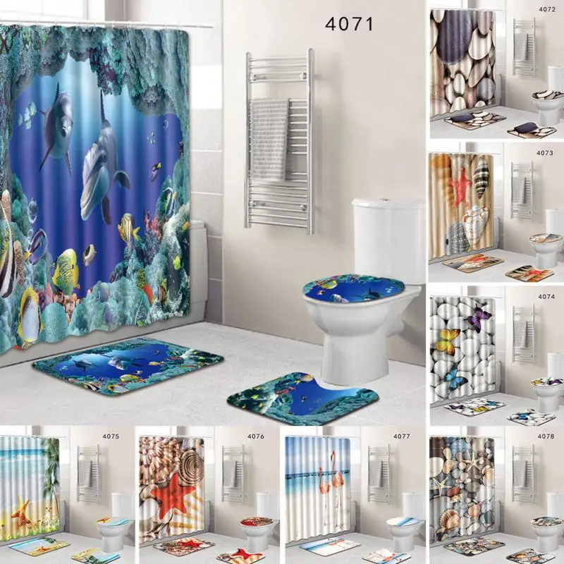 4Pcs/Set Bathroom Accesories Shower curtain floor mat toilet seat mat four-piece set Non-Slip Mat Pedestal Set 7 Patterns @