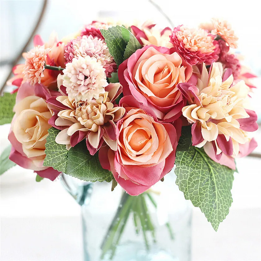 Нулевой искусственные шелковые искусственные цветы Лист Розы Цветочный Свадебный букет вечерние украшения для дома 170222