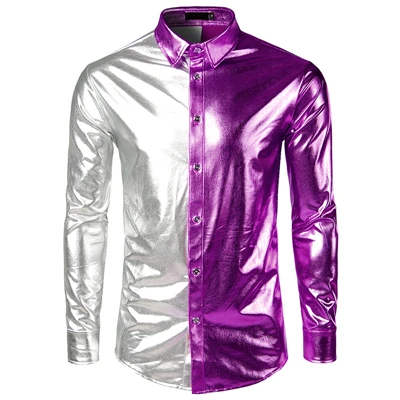 Мужская Осенняя новая Серебристая черная Лоскутная тонкая рубашка, мужские повседневные рубашки с длинным рукавом для выступлений в ночном клубе, одежда для мужчин - Цвет: BLC02 purple
